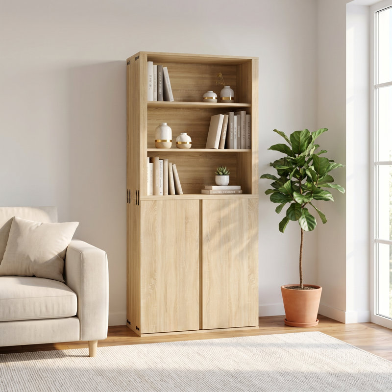 Large 2-Piece Wall Unit Bookcase Set, 71" H Storage Cabinet With Double Doors And Open Bookshelf Organizer Natural