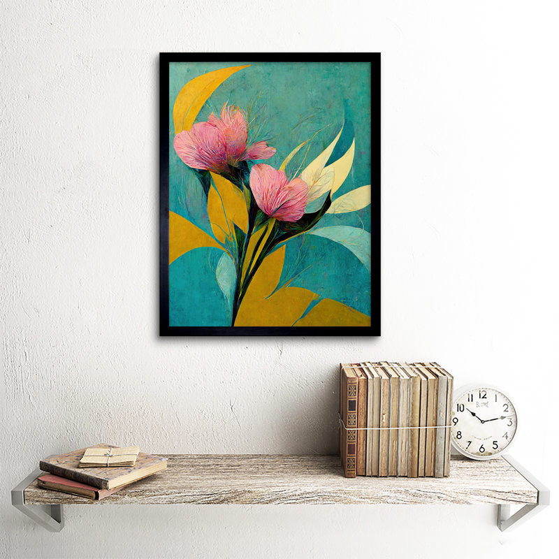 Abstract Teal Pink Mustard Flower Painting - Single Picture Frame Print