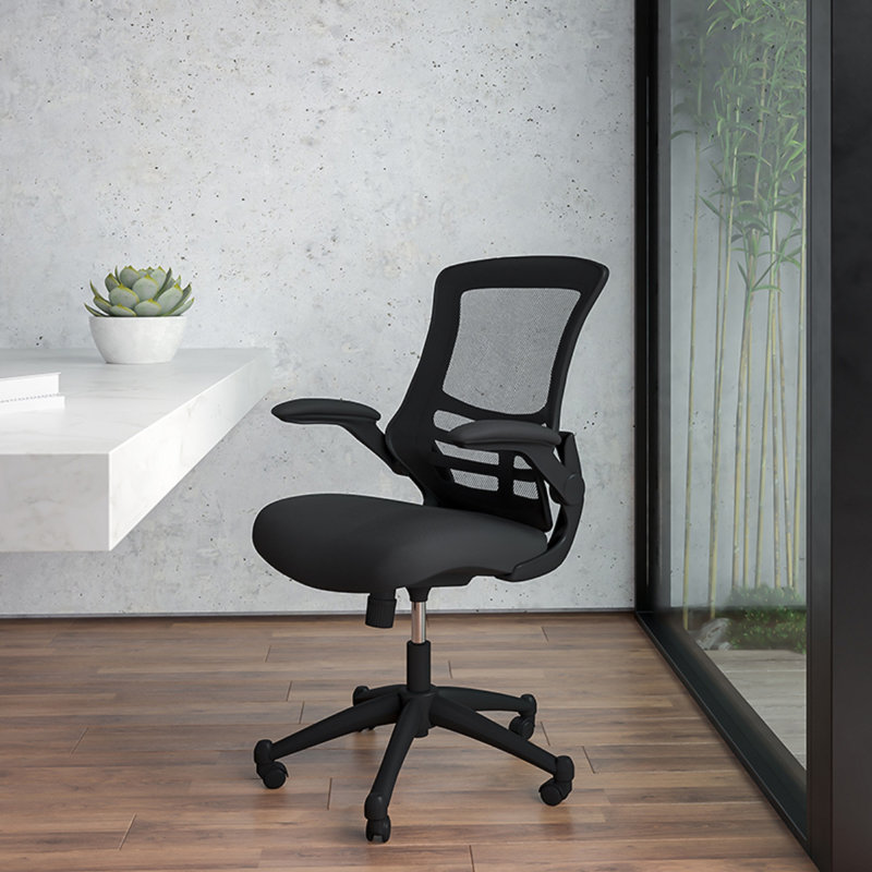 Jayetta Mid-Back Mesh Swivel Ergonomic Office Chair with Flip-Up Arms, Black, Black