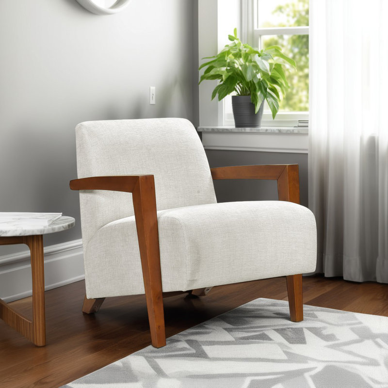 Jules 28.5" Mid Century Accent Chair with Chenille Fabric Upholstery, Chestnut Solid Wood Arms, Dacron Wrapped Foam Seating