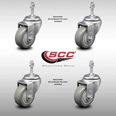 3.5 Inch SS Polyurethane Wheel Swivel 10mm Threaded Stem Caster Set SCC