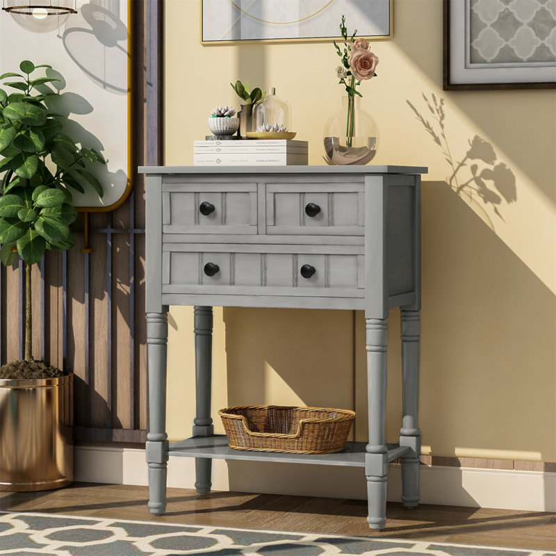 Console Weinman moderne avec 3 tiroirs et tablette inférieure, Gris délavé