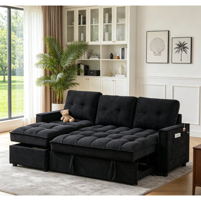 Canapé-lit modulaire en L 71 po avec méridienne de rangement en cuir et canapé-lit réversible convertible moderne avec ports USB et poche latérale