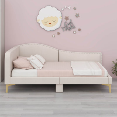 Lit de jour rembourré moderne avec tête de lit et accoudoirs, cadre de canapé-lit en lin pour chambre à coucher, salon, chambre d'amis, petits espaces