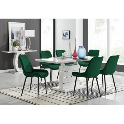 Everson High Gloss 6 Seat Extendable Dining Set with Luxury Velvet Upholstered Dining Chairs