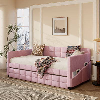 Lit de jour moderne simple avec lit gigogne escamotable, canapé-lit rembourré en velours avec 4 poches de rangement latérales, lit d'invité peu encombrant pour le salon et la chambre à coucher, aucun sommier nécessaire, rose