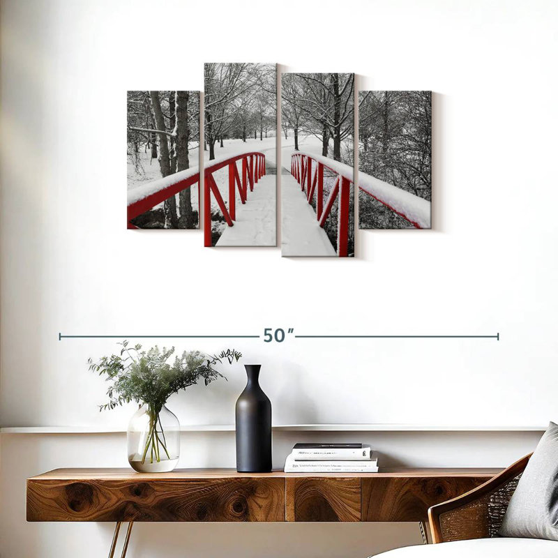 Passerelle rouge enneigée, H 22 po x l 36 po