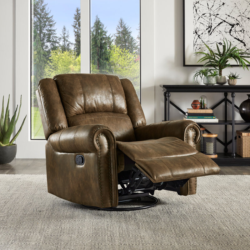 Doniphan Bellflower Polished Microfiber Nailhead Swivel Glider Recliner, Brown