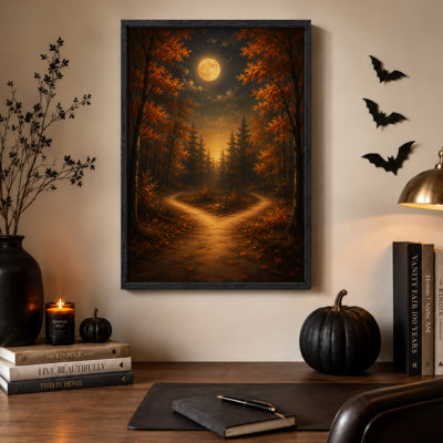" Forked Path Through Golden Autumn Forest Under Halloween " Painting