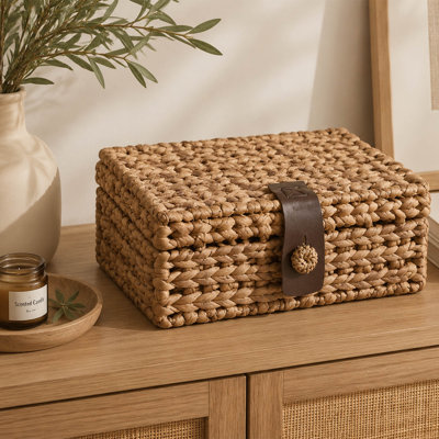 Decorative Storage Box with Lid, Handwoven Water Hyacinth Wicker Box for Shelves, Coffee Tables, and Consoles