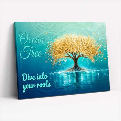 Océan arbre feuilles d'or réflexion de l'eau sur toile tendue, reproduction de peinture à l'huile pour salon chambre à coucher