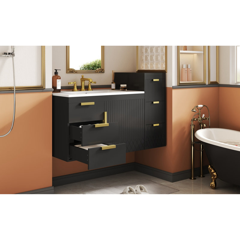 Meuble-lavabo moderne en MDF et fer noir avec lavabo en céramique, solution de rangement peu encombrante