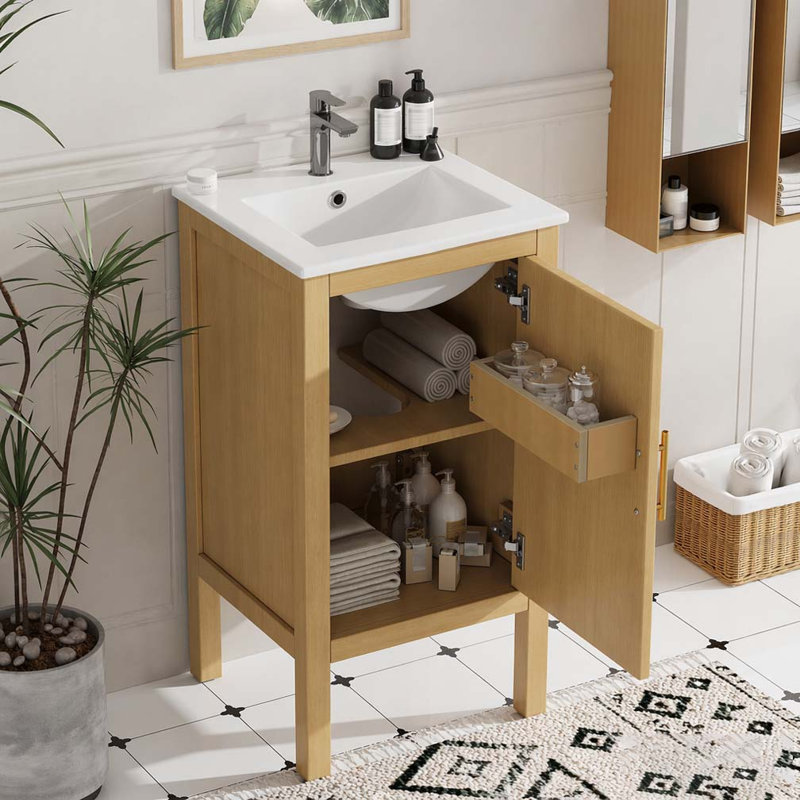 Armoire de salle de bain 18 po avec rangement, solution pour petit espace avec lavabo en céramique, tablette réglable