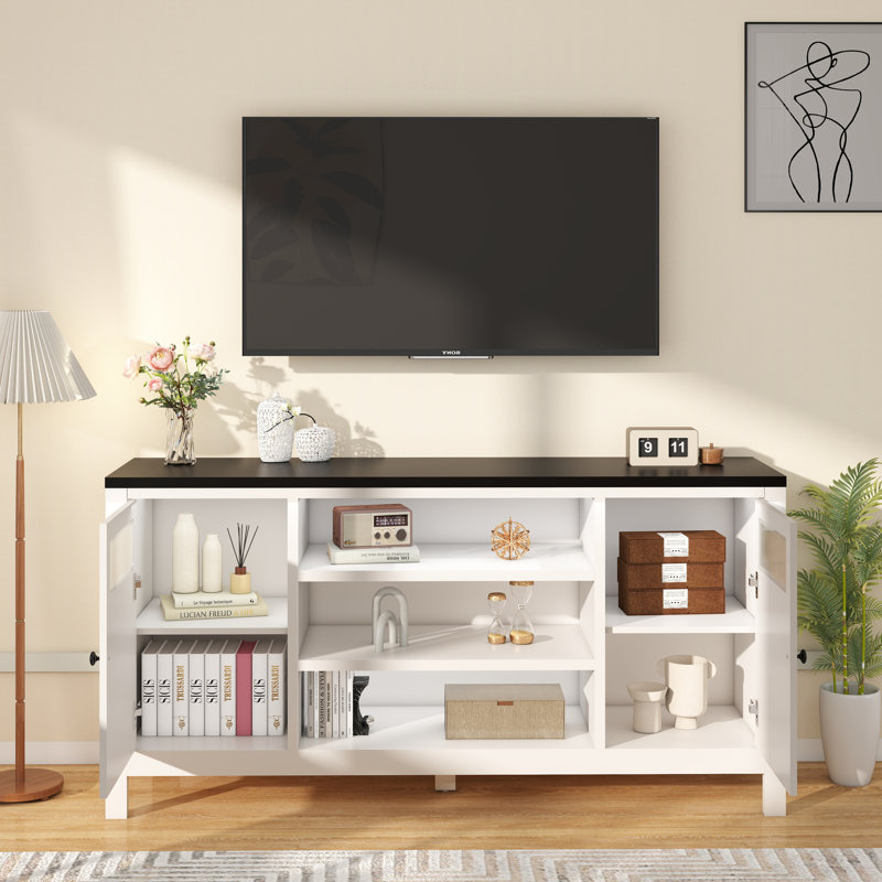 Meuble télé moderne blanc avec comptoir noir - 2 portes, rangement à deux tablettes