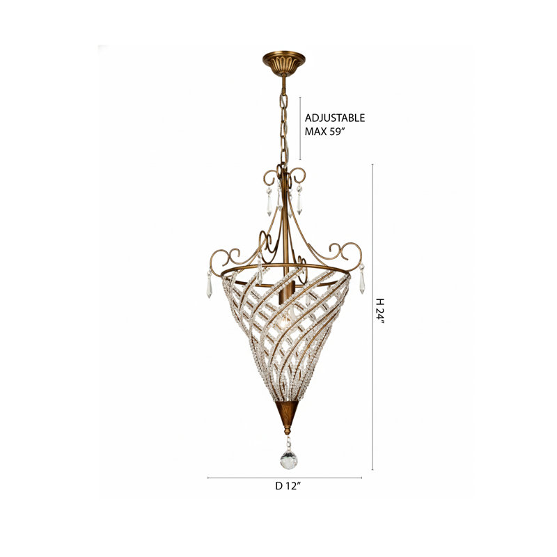 Luminaire suspendu traditionnel doré à 1 lumière avec détails en cristal transparent