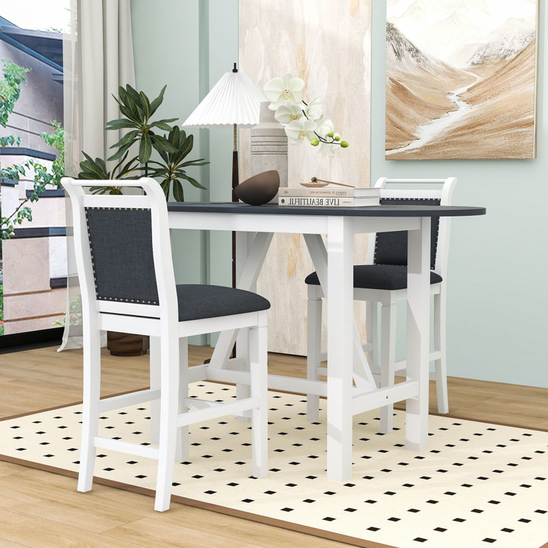 Llayton 3-Piece Counter Height Dining Set, Wood Table with 2 Upholstered Chairs, White/Gray