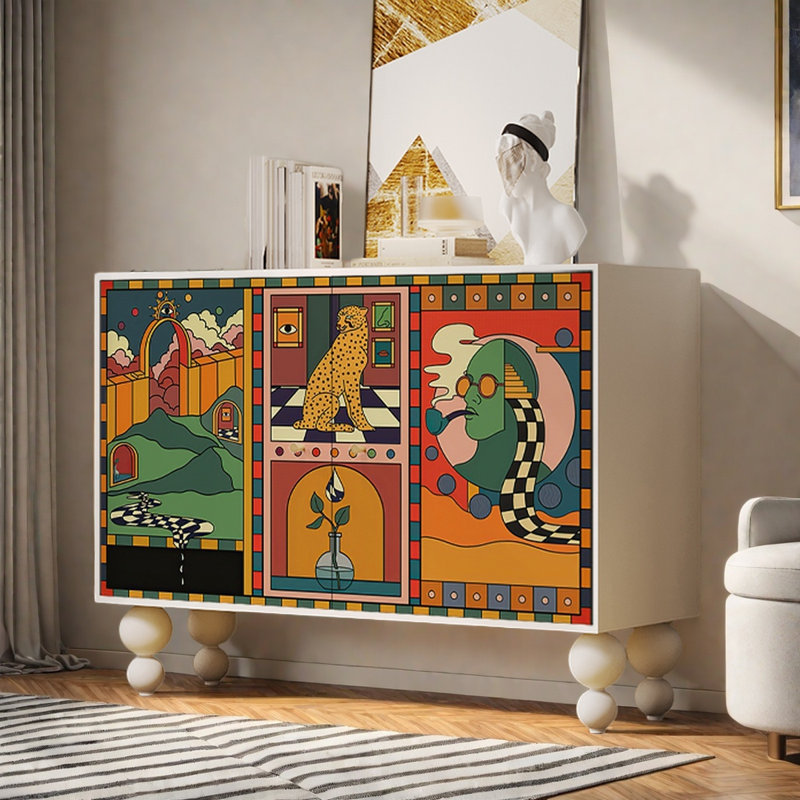 Buffet rétro avec peinture abstraite, Blanc