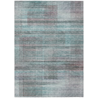Tapis extérieur lavable rayé bleu sarcelle et gris anthracite 8 pi x 10 pi