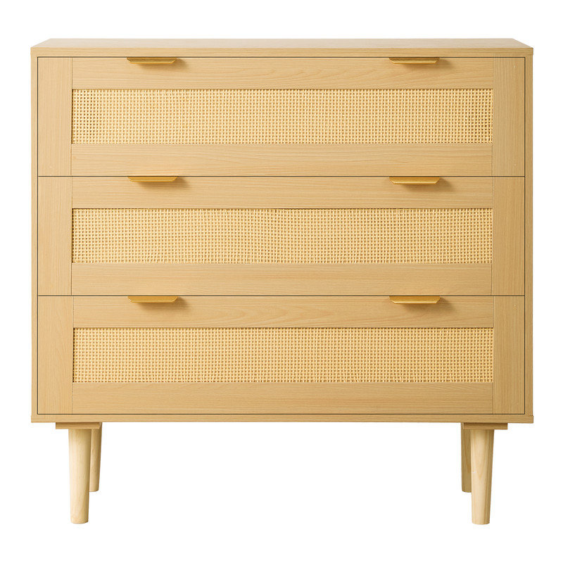 Commode moderne en rotin de 31,5 po de style Mid-Century à 3 tiroirs avec pieds en bois pour chambre à coucher, naturel