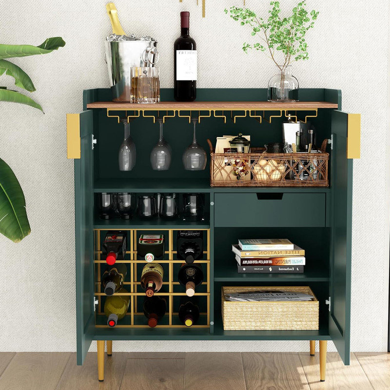 Coffee Bar Cabinet with Wine Racks, Green Liquor Cabinet with Fluted Texture, Modern Sideboard Buffet Cabinet