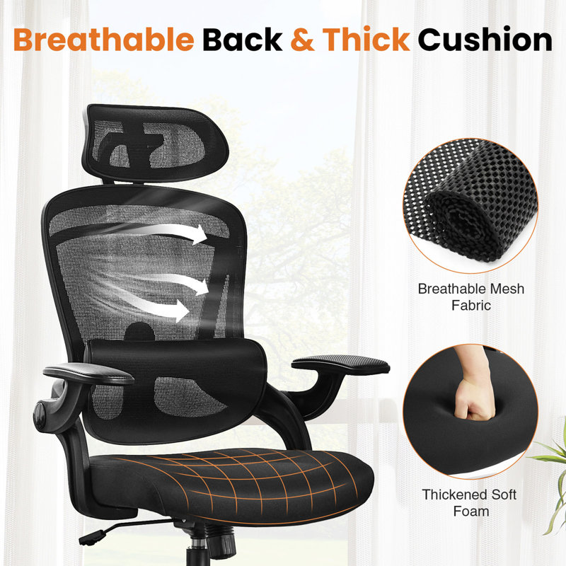 High Back Desk Chair With Adjustable Lumbar Support & Headrest,Comfortable Mesh Computer Chair With Soft Flip Up Arms, Adjustable Height And 120Â°Tilt