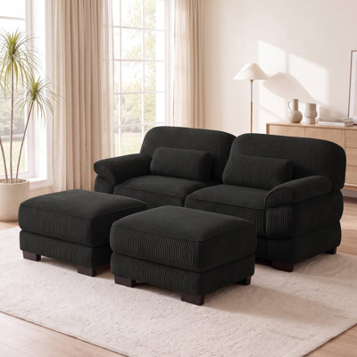Canapé modulable 2 places avec 2 poufs, revêtement en velours côtelé pour salon, appartement