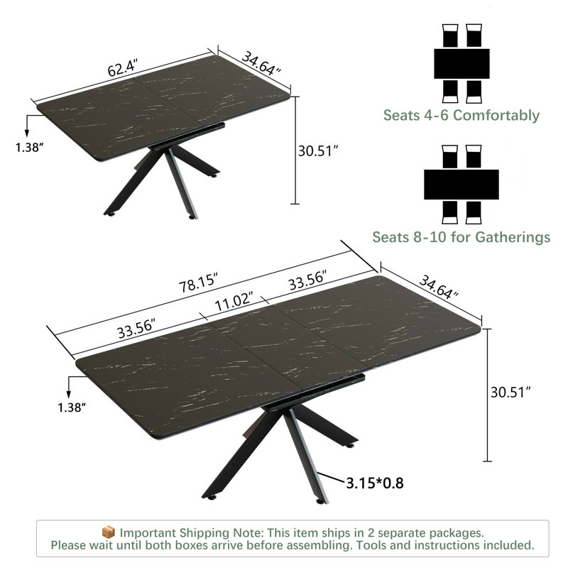 Table de salle à manger extensible 62,4 "à 78,15" avec base en X noire, Noir