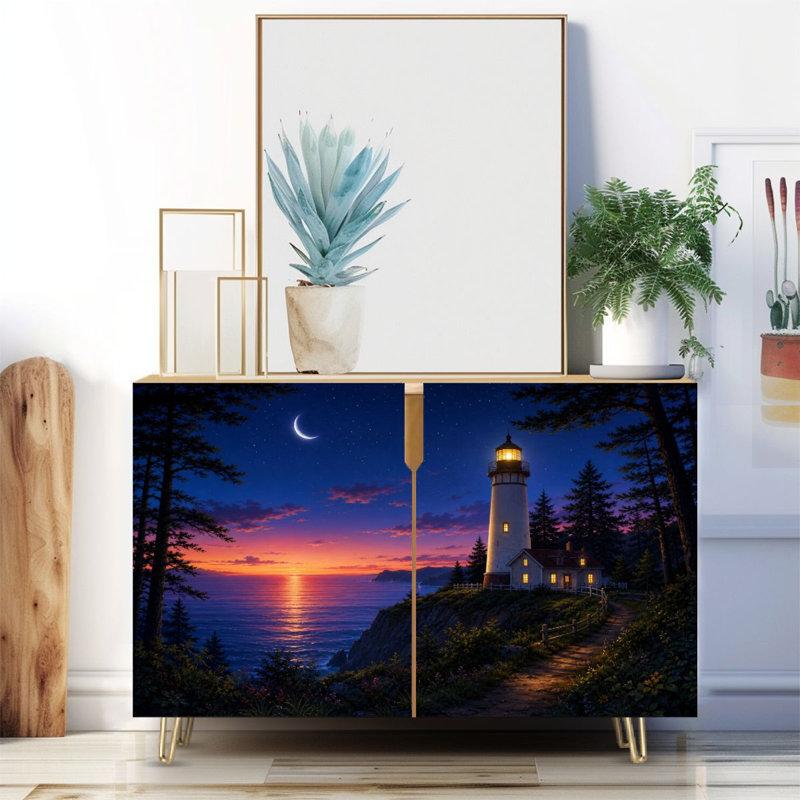 Buffet étroit de 35,4 po de largeur - armoire de rangement décorative à 2 portes avec motif phare côtier, croissant de lune, vue sur l'océan et pieds en métal