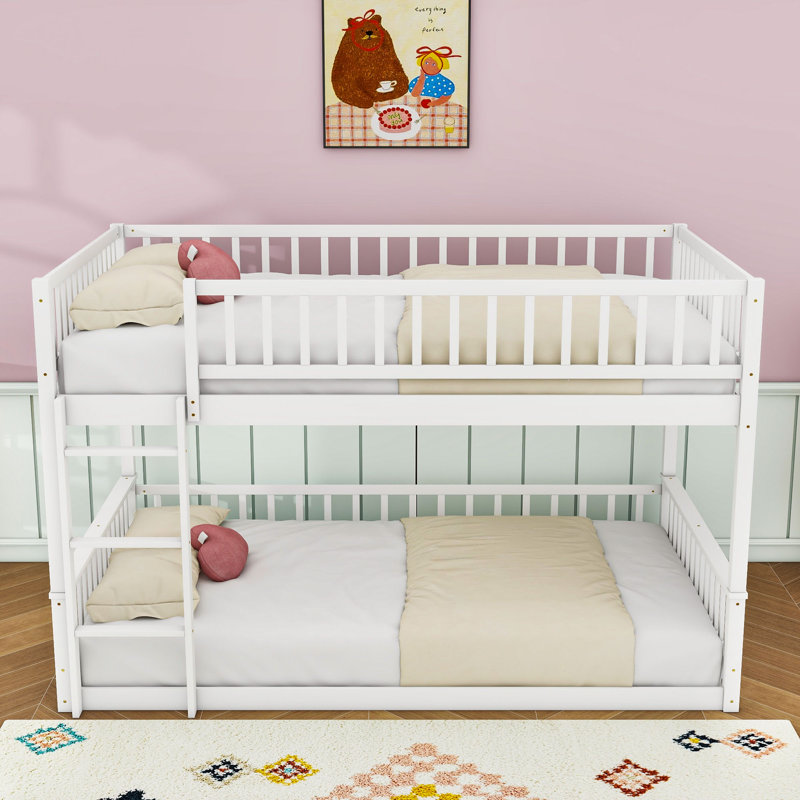 Wood Queen Over Queen Bunk Bed With Ladder And Guardrails, Splitable Into 2 Beds, White