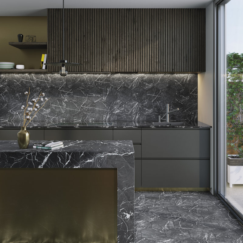 Timeless Hex Marquina 8-5/8 x9-7/8 Porcelain Singular Tile Wall & Floor Tile