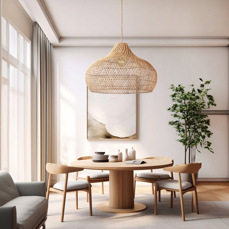 Kloe Rattan Pendant Light - Natural Dome 1-Light Polished Handwoven Dimmable Light Fixture For Kitchen Island, Kitchen, Dining Room, Living Room, Bedroom or Hallway in Modern, Farmhouse & Boho Style