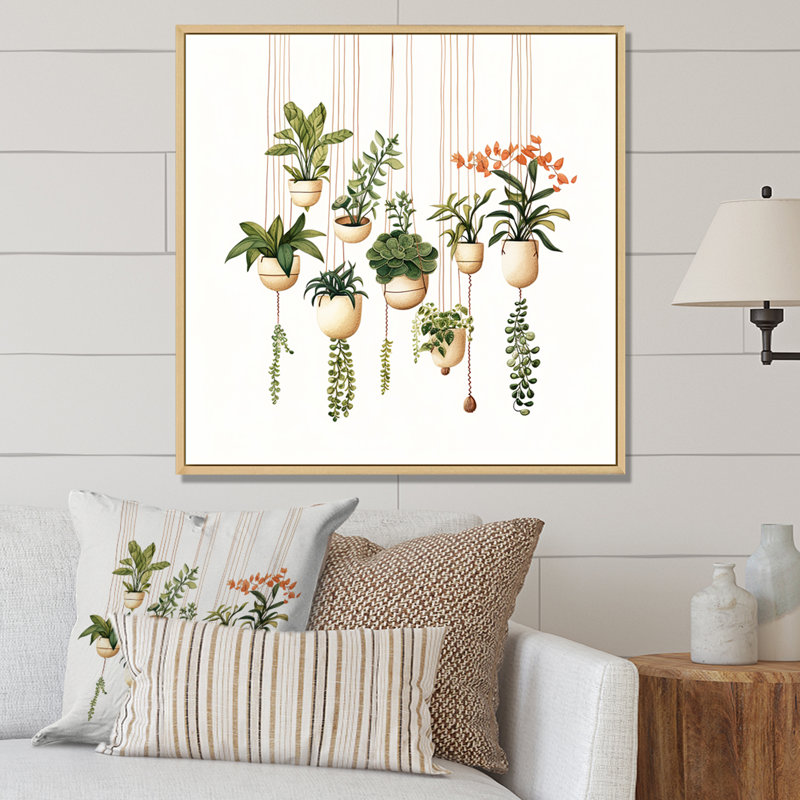«Boho Botanical Joyful Hanging Houseplants I», reproduction sur toile, Cadre flottant brun, H 24 po x l 24 po x P 1 po