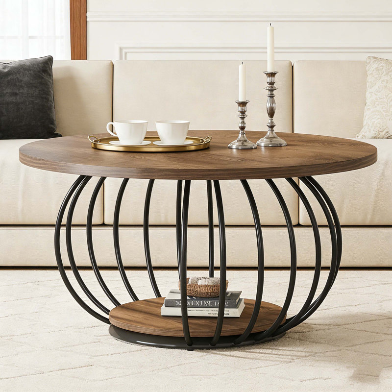 Round 2-Tier Accent Center Cocktail Table With Storage Shelf