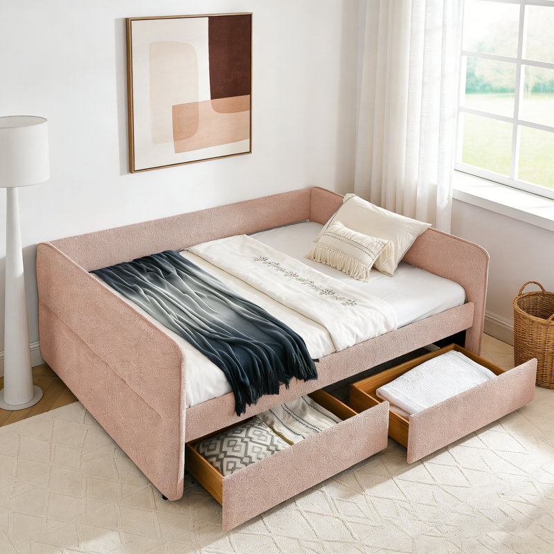 Queen Size Upholstered Tufted Sofa Daybed With Two Drawers, Soft Boucle Fabric (88"X65.5"X29.5"), Pink