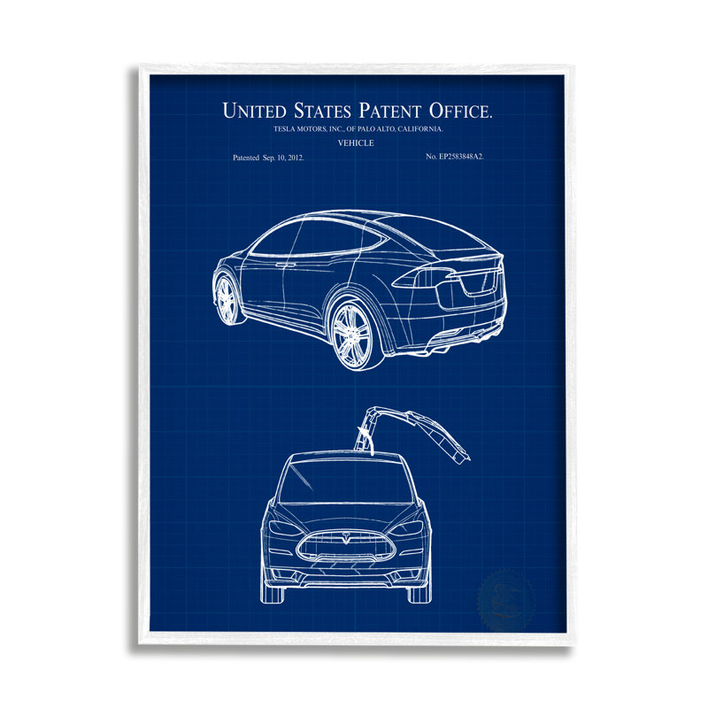 Schéma du plan de voiture bleue par Karl Hronek - impression, L 16 po x H 16 po, Giclée encadrée blanc bord de mer
