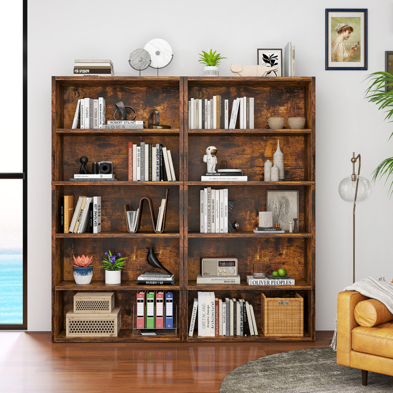 Tall Bookcase - Set Of 2, Storage And Display Bookshelves For Home Office And Living Room, 53" H x 23.8" W x 9.2" D, Brown