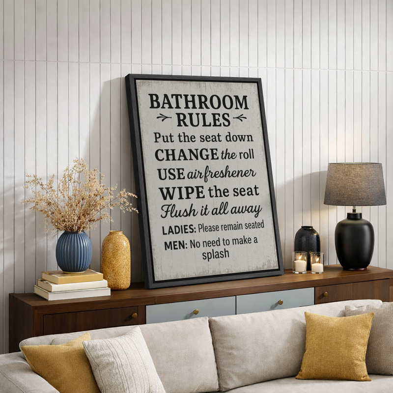 "Bathroom Rules", art mural, impression sur toile, impression sur toile encadrée, H 24 po x l 16 po, Gris froid