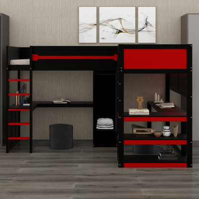 Lit mezzanine de jeu en forme de L avec armoire intégrée, éclairage DEL, ports USB et deux bureaux pour chambres d'ados