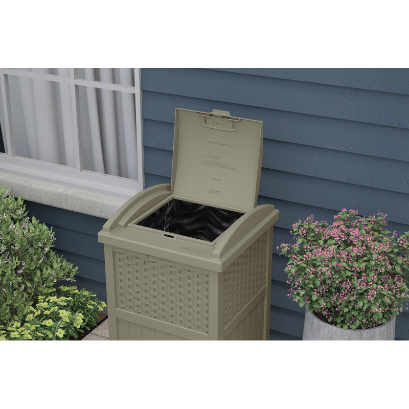 Dark Taupe Wicker-Style Plastic Outdoor Trash Can with Lid