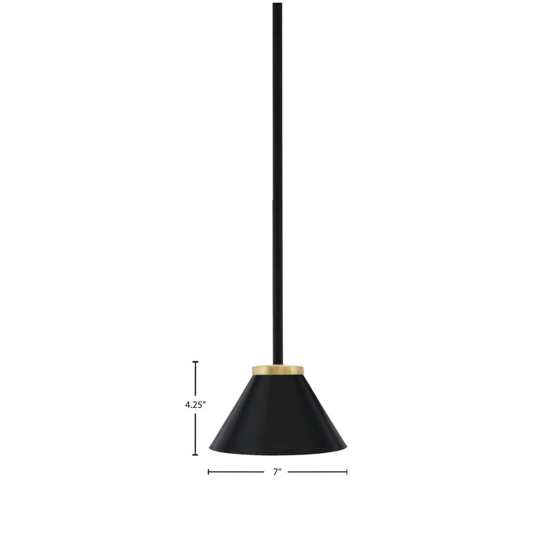 Amarmula 1 Light Stem Mini Pendant, Matte Black & New Aged Brass Finish, 7" Matte Black Cone Metal Shade, Black
