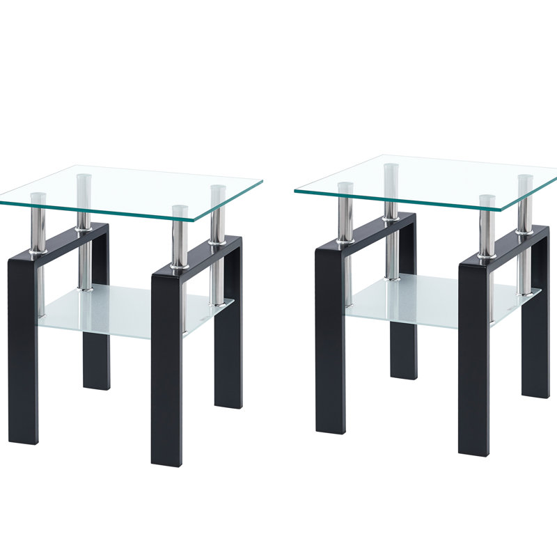 Table d'appoint en verre trempé transparent à 2 couches avec rangement - pour le salon, la salle à manger, le bureau et le bureau compact pour petits espaces