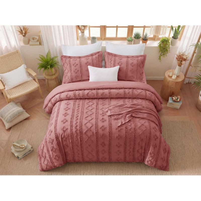 Bedsure Tufted Boho King Comforter Set – 3-Piece Grayish Pink Shabby Bedding，Farmhouse Jacquard Bed Set with Embroidery, All-Season Softness for Cozy Bedrooms & Boho-Chic Gifts