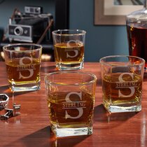Ornate Monogram 26 oz. Classic Square Decanter and Rocks  Glasses (Set of 3), Letter T: Mixed Drinkware Sets