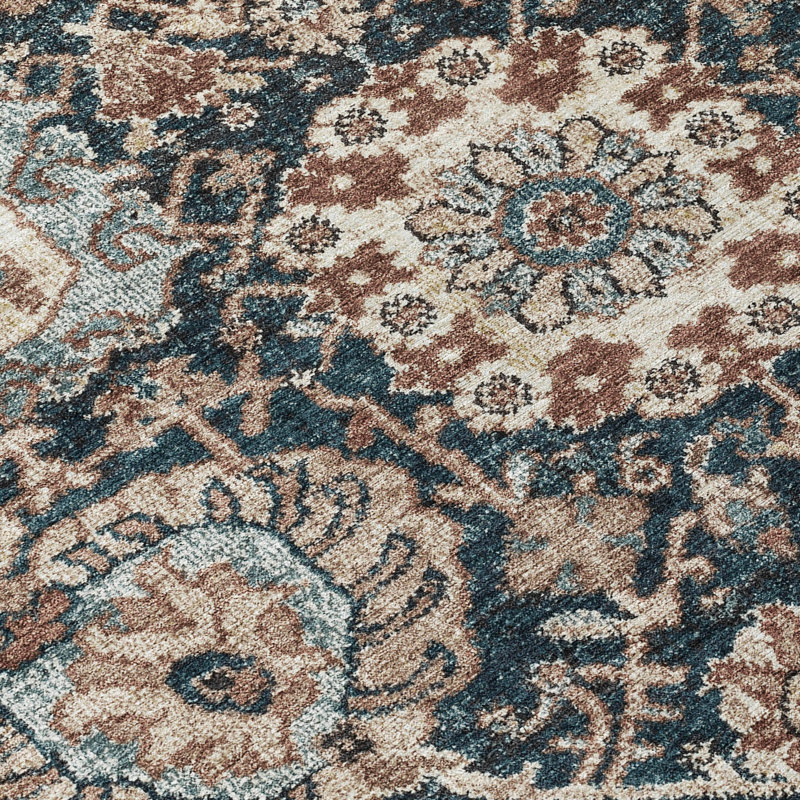 Taupe and Blue Synthetic Washable Rectangular Rug
