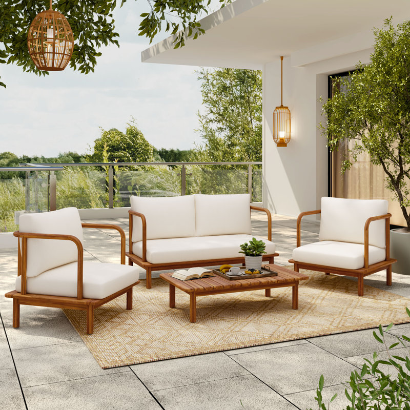 Ensemble de conversation 4 pièces en bois d'acacia avec coussins hydrofuges Bielers