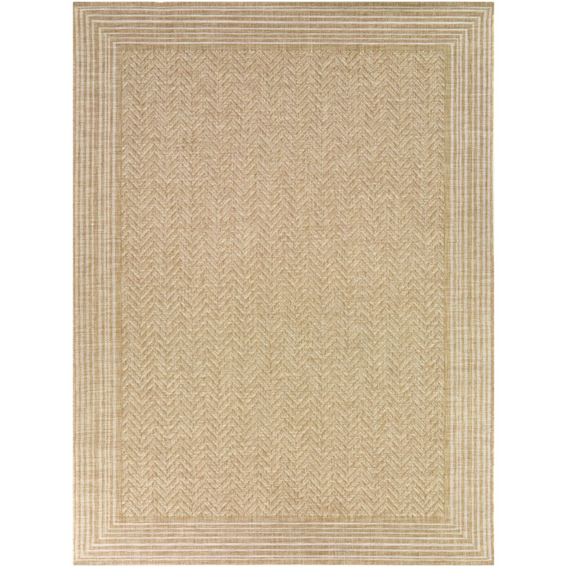 Postville Tan Chevron Border Indoor/Outdoor Area Rug, Rectangle 5'3" x 7'
