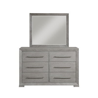 Élégante commode de chambre à 6 tiroirs grise avec miroir, ensemble de commode de chambre contemporaine en placage de chêne gaufré avec poignées en bois gris