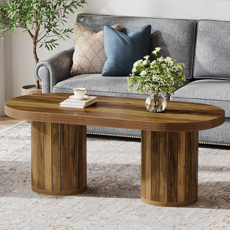 47.2"Wooden Oval Coffee Table With Slatted Cylindrical Legs