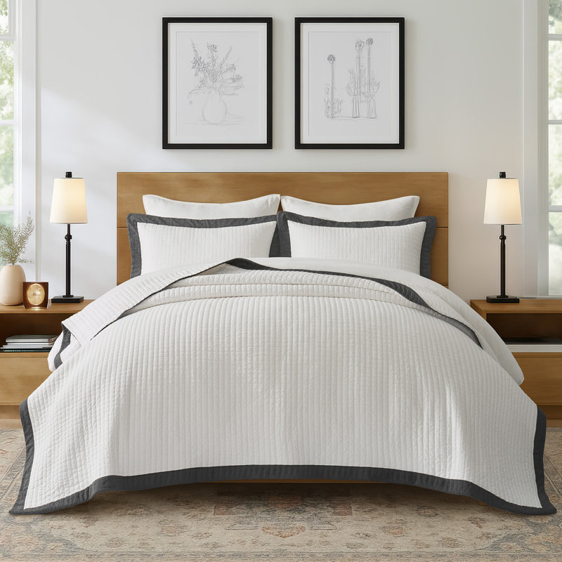 Border Frame Cotton Pick-Stitch Channel Quilt Set, Washed Black, Queen Quilt + 2 Queen Shams