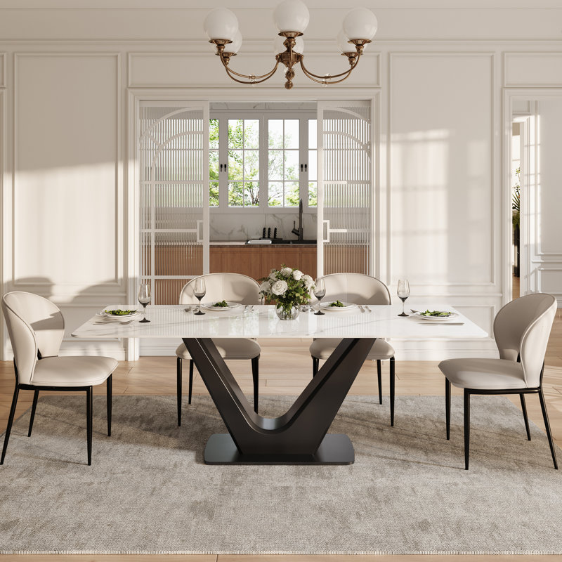 Table de salle à manger rectangulaire en pierre 71 po Randahl, Noir, Blanc montagne enneigée, 29.5" H x 71" W x 35.43" D